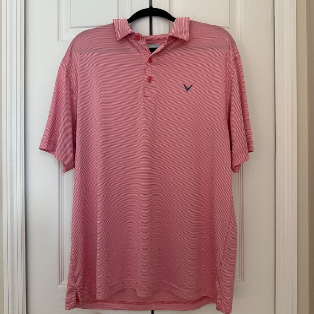 Mens XL Callaway Golf Polo Shirt Pink & White Striped Opti-Dri